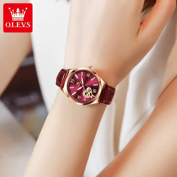 OLEVS 6636 Women's Luxury Automatic Mechanical Heart Design Luminous Watch - Model Picture Wine Red