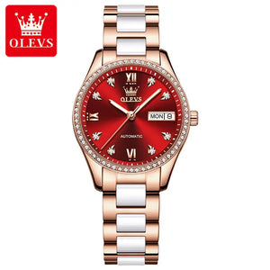 OLEVS 6637 Women's Luxury Automatic Mechanical Luminous Watch - Red Face