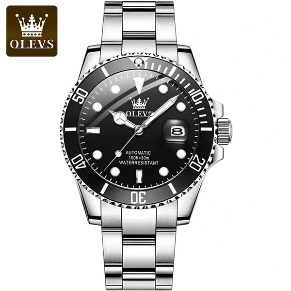 OLEVS 6650 Men's Luxury Automatic Mechanical Water Ghost Luminous Watch - Silver Black Face