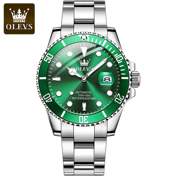 OLEVS 6650 Men's Luxury Automatic Mechanical Water Ghost Luminous Watch - Silver Green Face