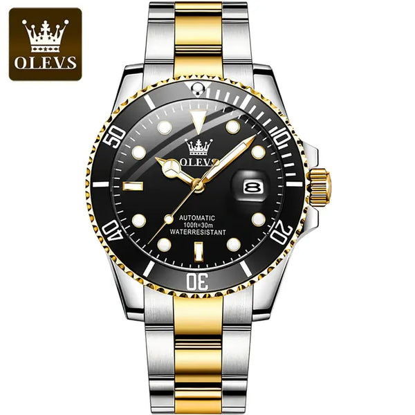 OLEVS 6650 Men's Luxury Automatic Mechanical Water Ghost Luminous Watch - Two Tone Black Face