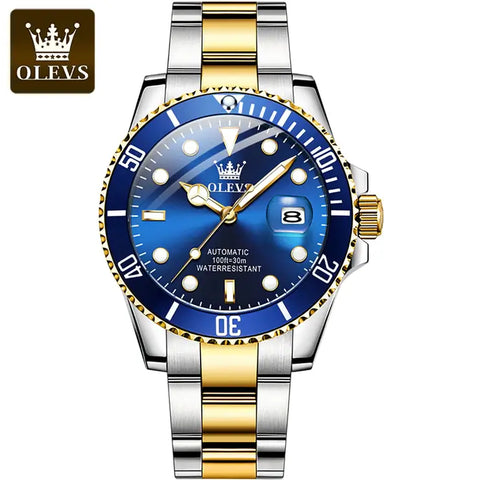 OLEVS 6650 Men's Luxury Automatic Mechanical Water Ghost Luminous Watch - Two Tone Blue Face