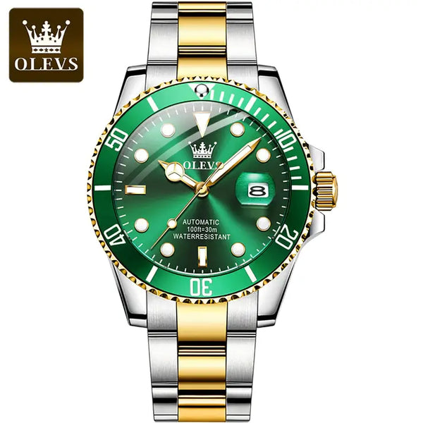 OLEVS 6650 Men's Luxury Automatic Mechanical Water Ghost Luminous Watch - Two Tone Green Face