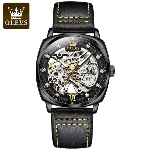 OLEVS 6651 Men's Luxury Automatic Mechanical Skeleton Design Luminous Watch - Full Black