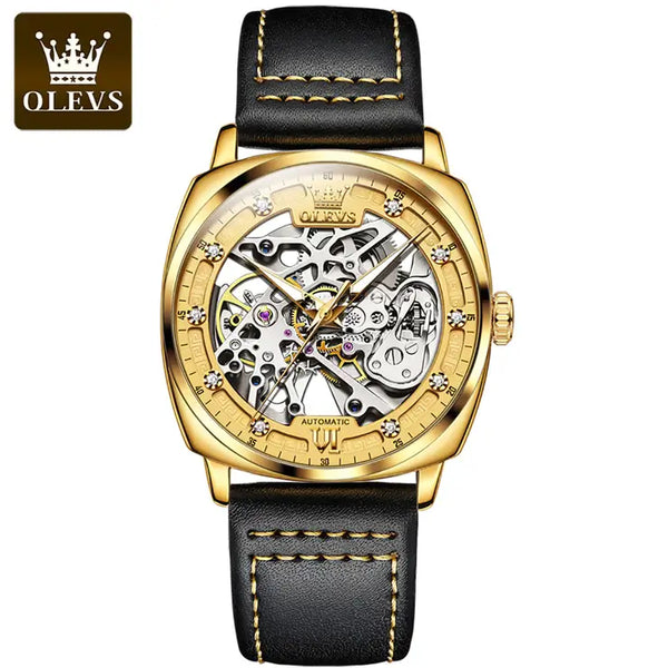 OLEVS 6651 Men's Luxury Automatic Mechanical Skeleton Design Luminous Watch - Full Gold