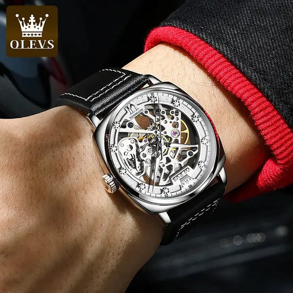 OLEVS 6651 Men's Luxury Automatic Mechanical Skeleton Design Luminous Watch - Model Picture Silver White