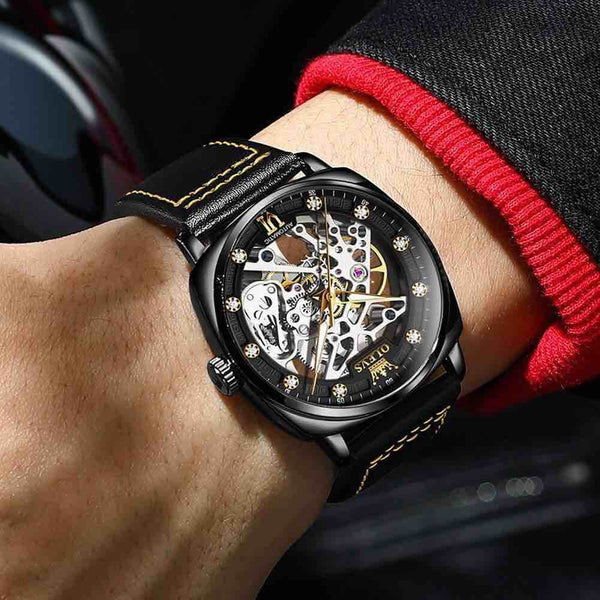 OLEVS 6651 Men's Luxury Automatic Mechanical Skeleton Design Luminous Watch - Model Picture Full Black