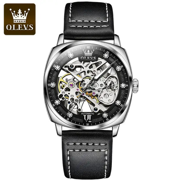 OLEVS 6651 Men's Luxury Automatic Mechanical Skeleton Design Luminous Watch - Silver Black