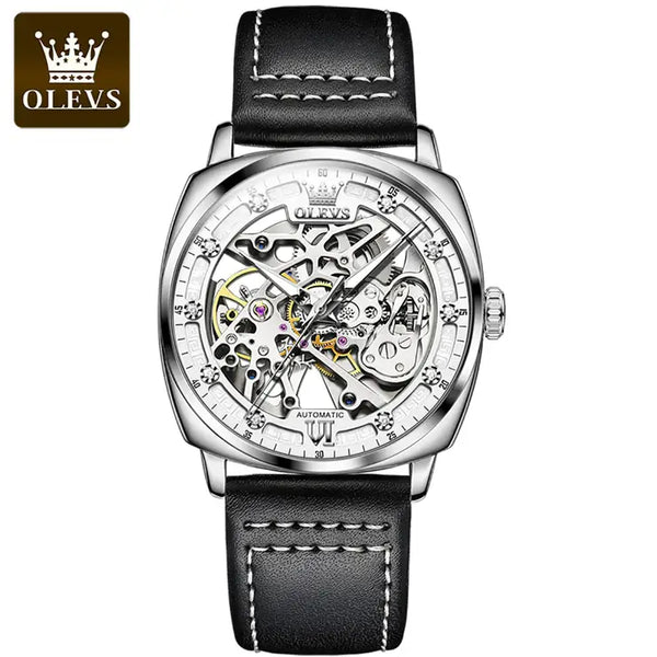 OLEVS 6651 Men's Luxury Automatic Mechanical Skeleton Design Luminous Watch - Silver White