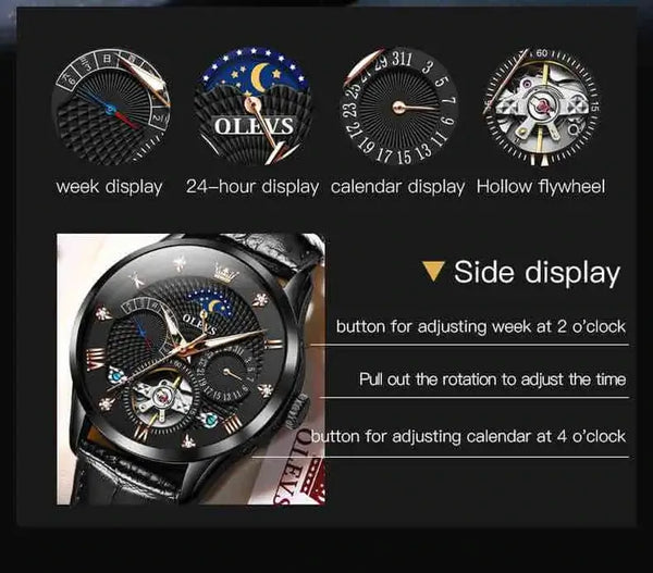 OLEVS 6652 Men's Luxury Automatic Mechanical Luminous Moon Phase Watch - Features