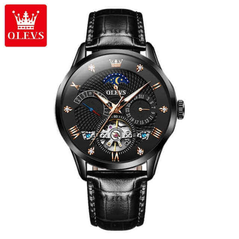 OLEVS 6652 Men's Luxury Automatic Mechanical Luminous Moon Phase Watch - Full Black