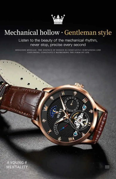 OLEVS 6652 Men's Luxury Automatic Mechanical Luminous Moon Phase Watch - Hollow Design