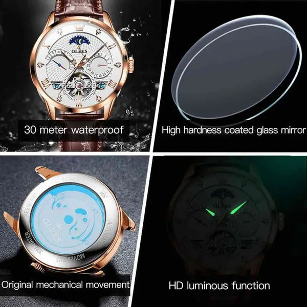 OLEVS 6652 Men's Luxury Automatic Mechanical Luminous Moon Phase Watch - Multiple Features