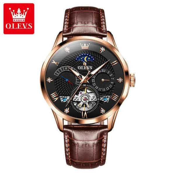 OLEVS 6652 Men's Luxury Automatic Mechanical Luminous Moon Phase Watch - Rose Gold Black Face