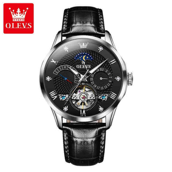 OLEVS 6652 Men's Luxury Automatic Mechanical Luminous Moon Phase Watch - Silver Black Face