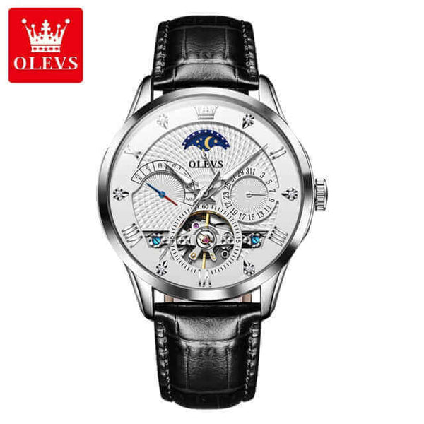 OLEVS 6652 Men's Luxury Automatic Mechanical Luminous Moon Phase Watch - Silver White Face