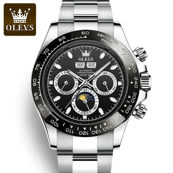 OLEVS 6654 Men's Luxury Automatic Mechanical Chronograph Luminous Watch With Moon Phase - Black Face