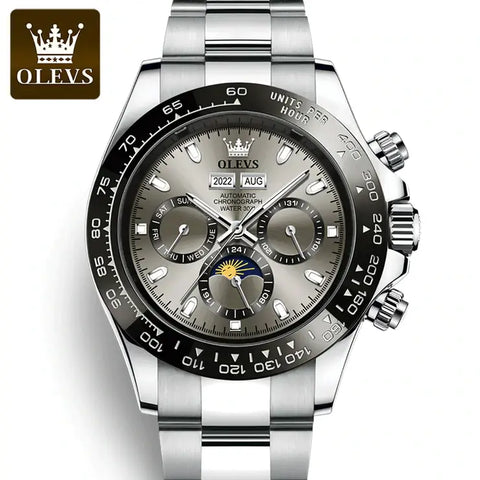 OLEVS 6654 Men's Luxury Automatic Mechanical Chronograph Luminous Watch With Moon Phase - Gray Face