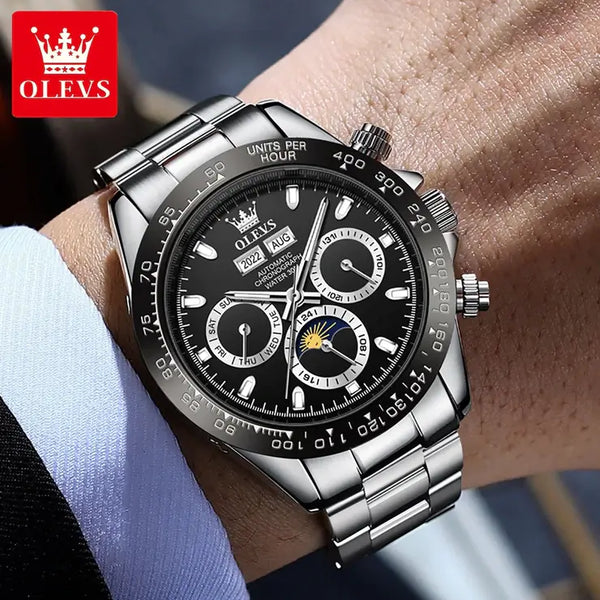 OLEVS 6654 Men's Luxury Automatic Mechanical Chronograph Luminous Watch With Moon Phase - Model Picture Black