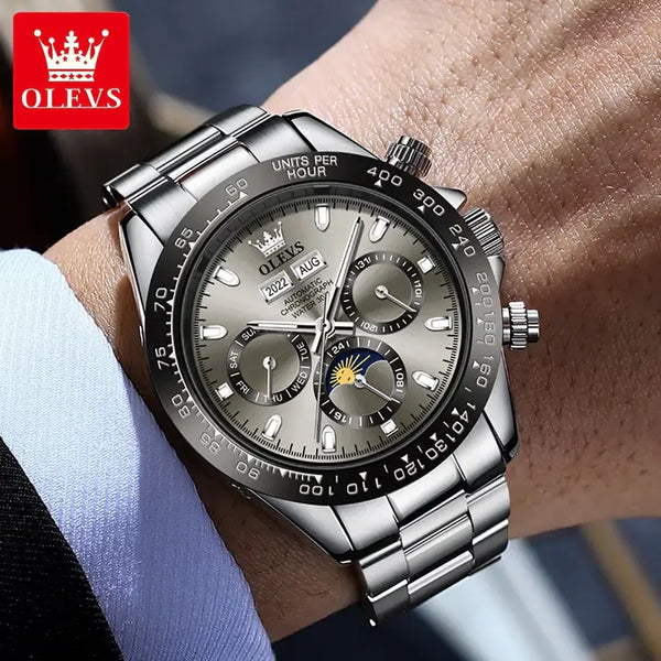 OLEVS 6654 Men's Luxury Automatic Mechanical Chronograph Luminous Watch With Moon Phase - Model Picture Gray