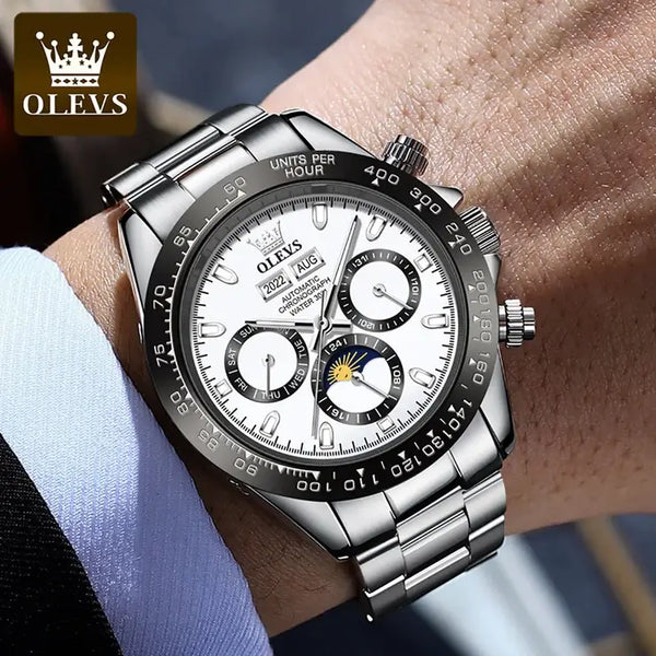 OLEVS 6654 Men's Luxury Automatic Mechanical Chronograph Luminous Watch With Moon Phase - Model Picture White