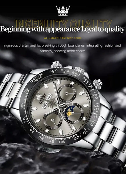 OLEVS 6654 Men's Luxury Automatic Mechanical Chronograph Luminous Watch With Moon Phase - Trendy Design