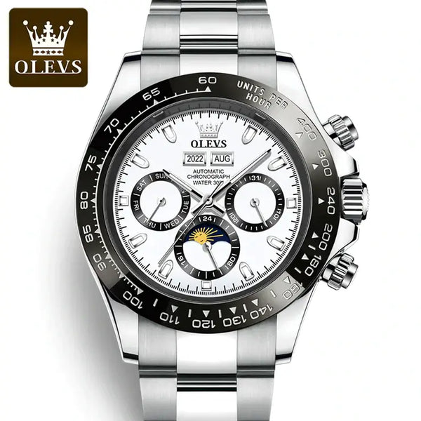 OLEVS 6654 Men's Luxury Automatic Mechanical Chronograph Luminous Watch With Moon Phase - White Face