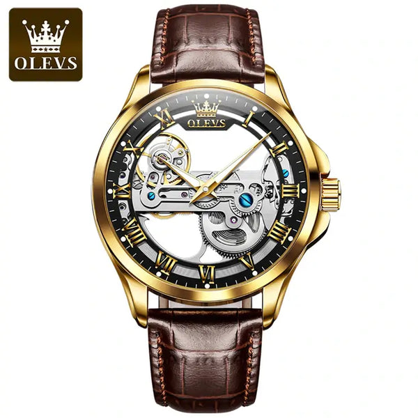 OLEVS 6661 Men's Luxury Automatic Mechanical Skeleton Design Luminous Watch - Gold Black Brown Leather Strap