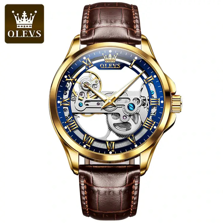 OLEVS 6661 Men's Luxury Automatic Mechanical Skeleton Design Luminous Watch - Gold Blue Brown Leather Strap