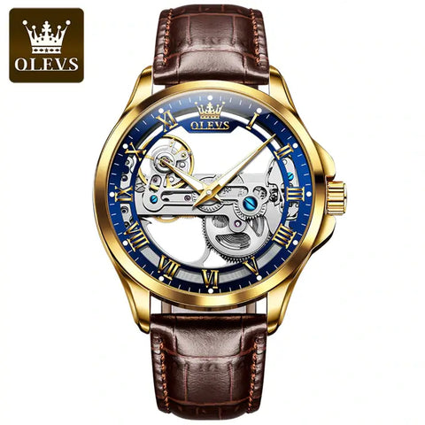 OLEVS 6661 Men's Luxury Automatic Mechanical Skeleton Design Luminous Watch - Gold Blue Brown Leather Strap