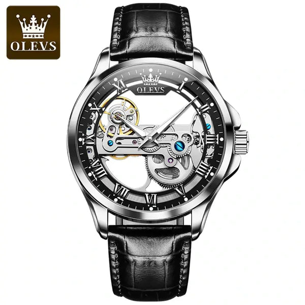 OLEVS 6661 Men's Luxury Automatic Mechanical Skeleton Design Luminous Watch - Silver Black Black Leather Strap