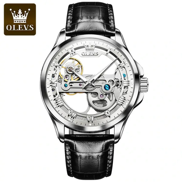 OLEVS 6661 Men's Luxury Automatic Mechanical Skeleton Design Luminous Watch - Silver White Black Leather Strap