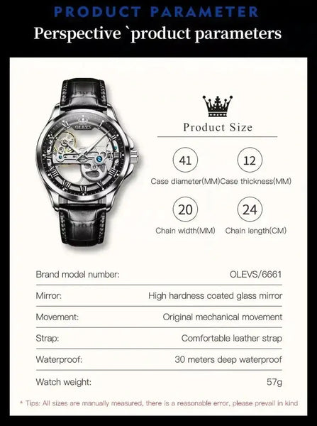 OLEVS 6661 Men's Luxury Automatic Mechanical Skeleton Design Luminous Watch - Specifications