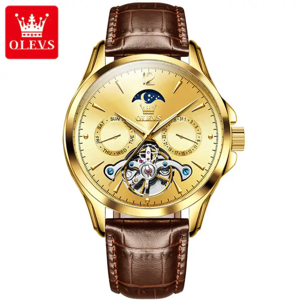 OLEVS 6663 Men's Luxury Automatic Luminous Moon Phase Watch - Full Gold Brown Leather Strap