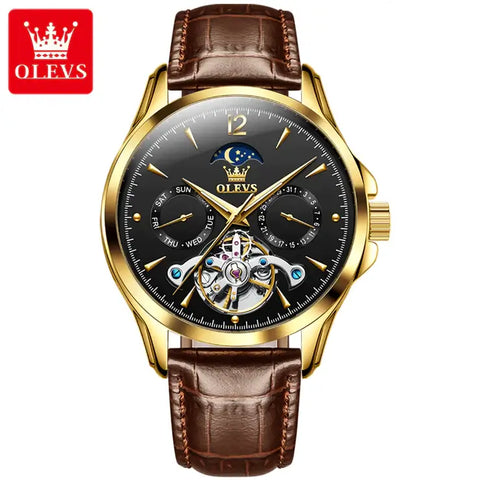 OLEVS 6663 Men's Luxury Automatic Luminous Moon Phase Watch - Gold Black Face Brown Leather Strap