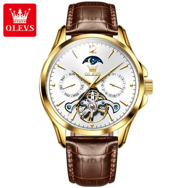 OLEVS 6663 Men's Luxury Automatic Luminous Moon Phase Watch - Gold White Face Brown Leather Strap