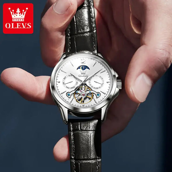 OLEVS 6663 Men's Luxury Automatic Luminous Moon Phase Watch - Model Picture Silver White Face