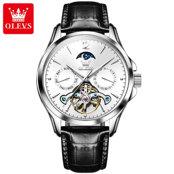 OLEVS 6663 Men's Luxury Automatic Luminous Moon Phase Watch - Silver White Face Black Leather Strap