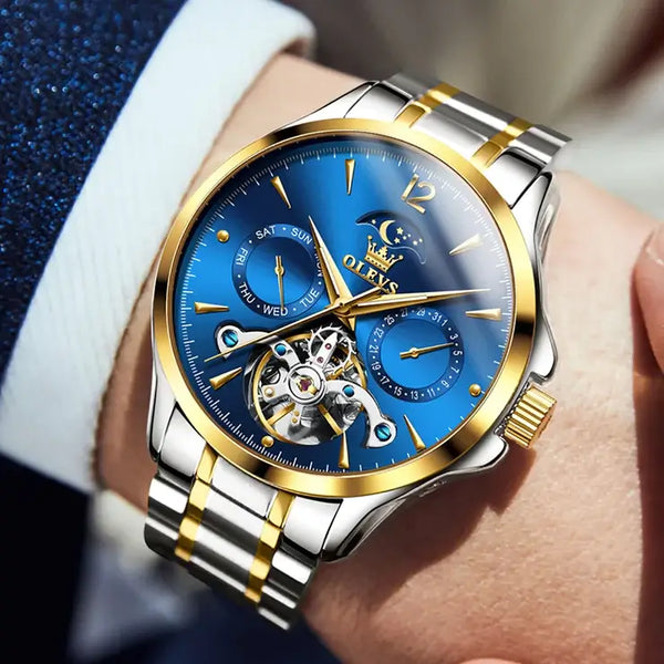 OLEVS 6663 Men's Luxury Automatic Mechanical Moon Phase Watch - Model Picture Blue