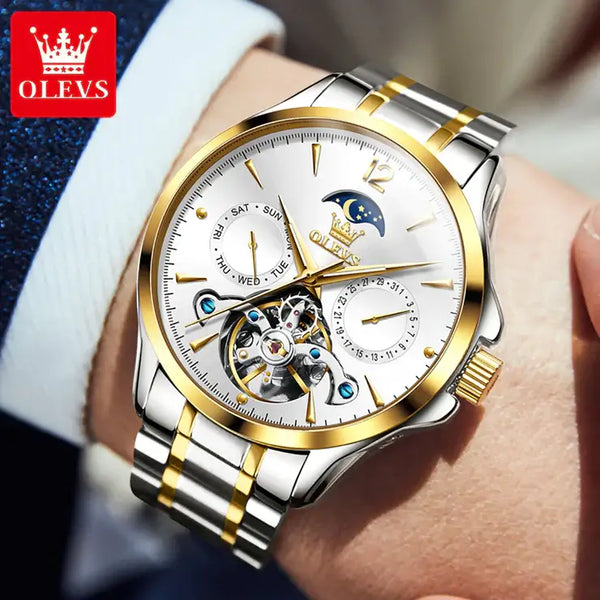 OLEVS 6663 Men's Luxury Automatic Mechanical Moon Phase Watch - Model Picture White