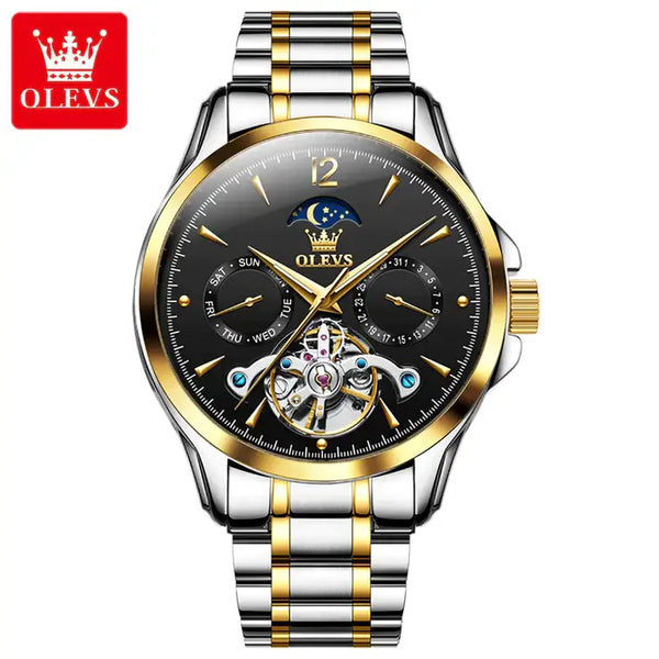 OLEVS 6663 Men's Luxury Automatic Mechanical Moon Phase Watch - Two Tone Black Face