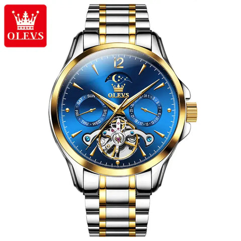 OLEVS 6663 Men's Luxury Automatic Mechanical Moon Phase Watch - Two Tone Blue Face
