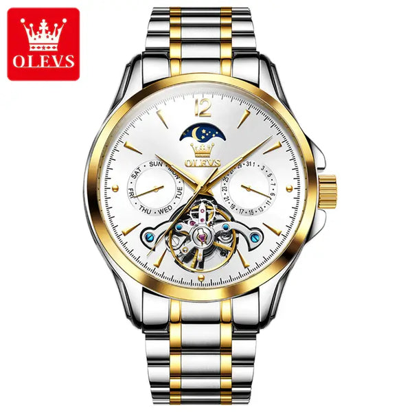 OLEVS 6663 Men's Luxury Automatic Mechanical Moon Phase Watch - Two Tone White Face