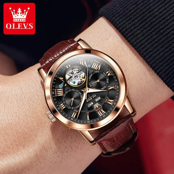 OLEVS 6668 Men's Luxury Automatic Mechanical Complete Calendar Luminous Watch - Model Picture Rose Gold Black Face Brown Leather Strap