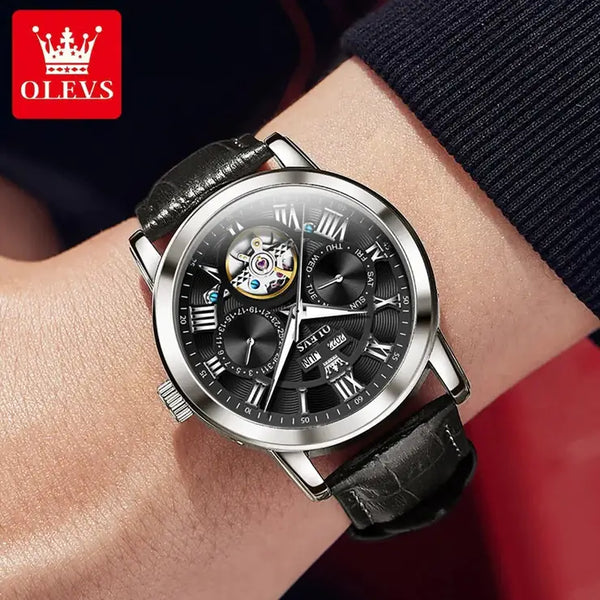 OLEVS 6668 Men's Luxury Automatic Mechanical Complete Calendar Luminous Watch - Model Picture Silver Black Face Black Leather Strap