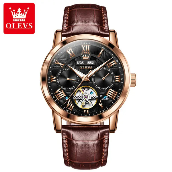 OLEVS 6668 Men's Luxury Automatic Mechanical Complete Calendar Luminous Watch - Rose Gold Black Face Brown Leather Strap