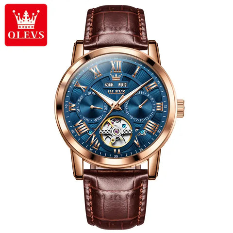 OLEVS 6668 Men's Luxury Automatic Mechanical Complete Calendar Luminous Watch - Rose Gold Blue Face Brown Leather Strap