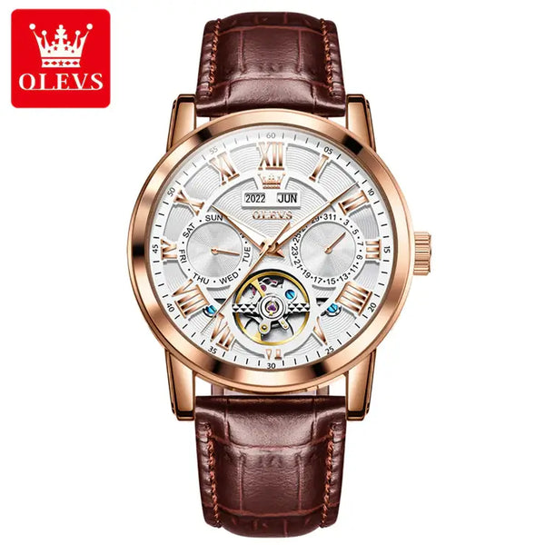 OLEVS 6668 Men's Luxury Automatic Mechanical Complete Calendar Luminous Watch - Rose Gold White Face Brown Leather Strap