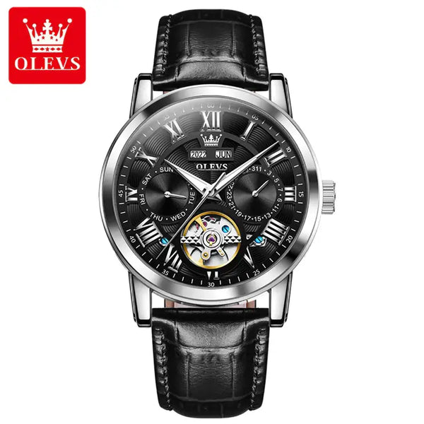 OLEVS 6668 Men's Luxury Automatic Mechanical Complete Calendar Luminous Watch - Silver Black Face Black Leather Strap