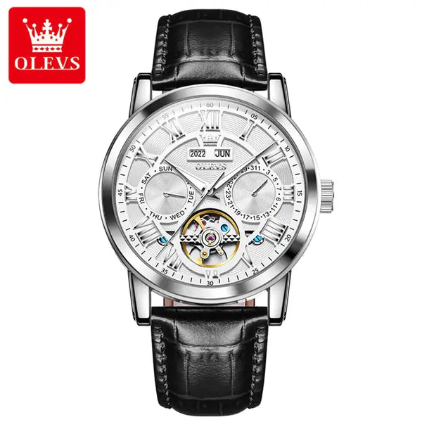 OLEVS 6668 Men's Luxury Automatic Mechanical Complete Calendar Luminous Watch - Silver White Face Black Leather Strap